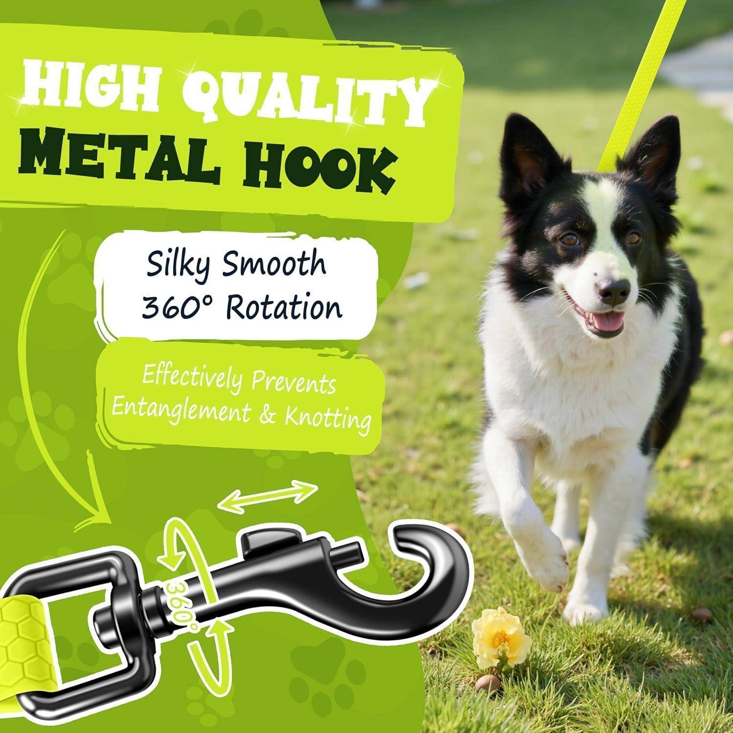 Ein fröhlicher Hund an der Leine läuft auf Gras. Text lautet: „Hochwertiger Metallhaken