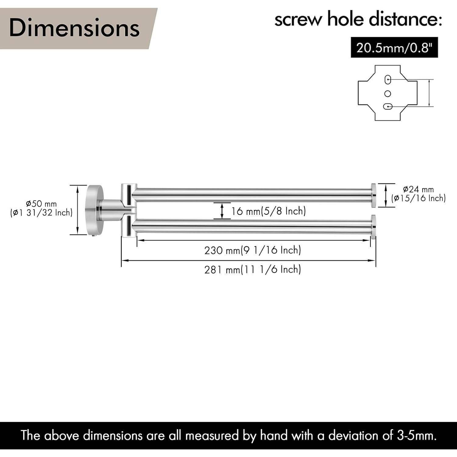 Maße' Überschrift; Bild zeigt eine Metallstange mit Halterungen und Messungen: Gesamtlänge 281 mm (11 1/16 Zoll), 24 mm Schraubenloch, 50 mm Basis.