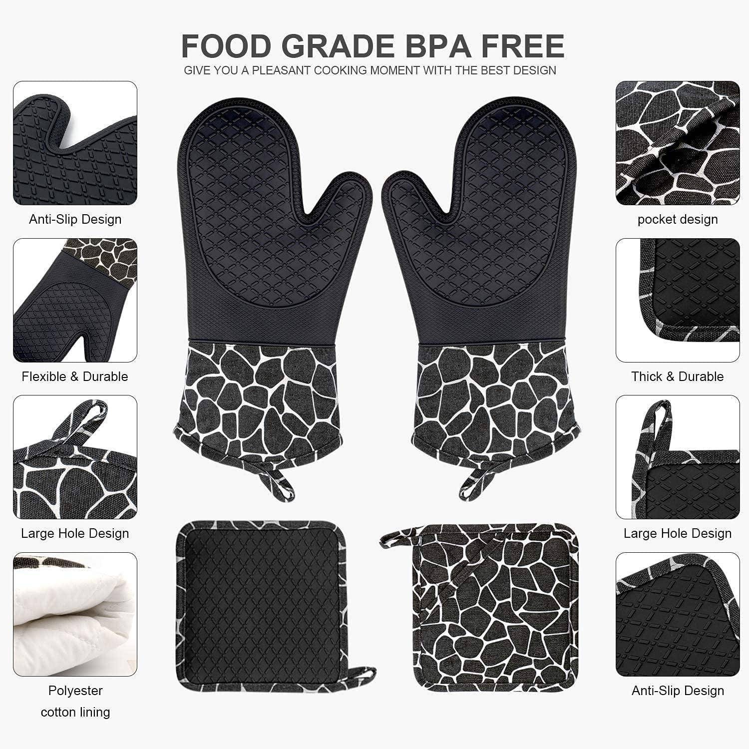 Ofenhandschuhe mit rutschfester Gestaltung, Tascheneinsatz und großer Öffnungsgestaltung. Hergestellt aus dickem, strapazierfähigem Polyester mit Giraffenmuster.