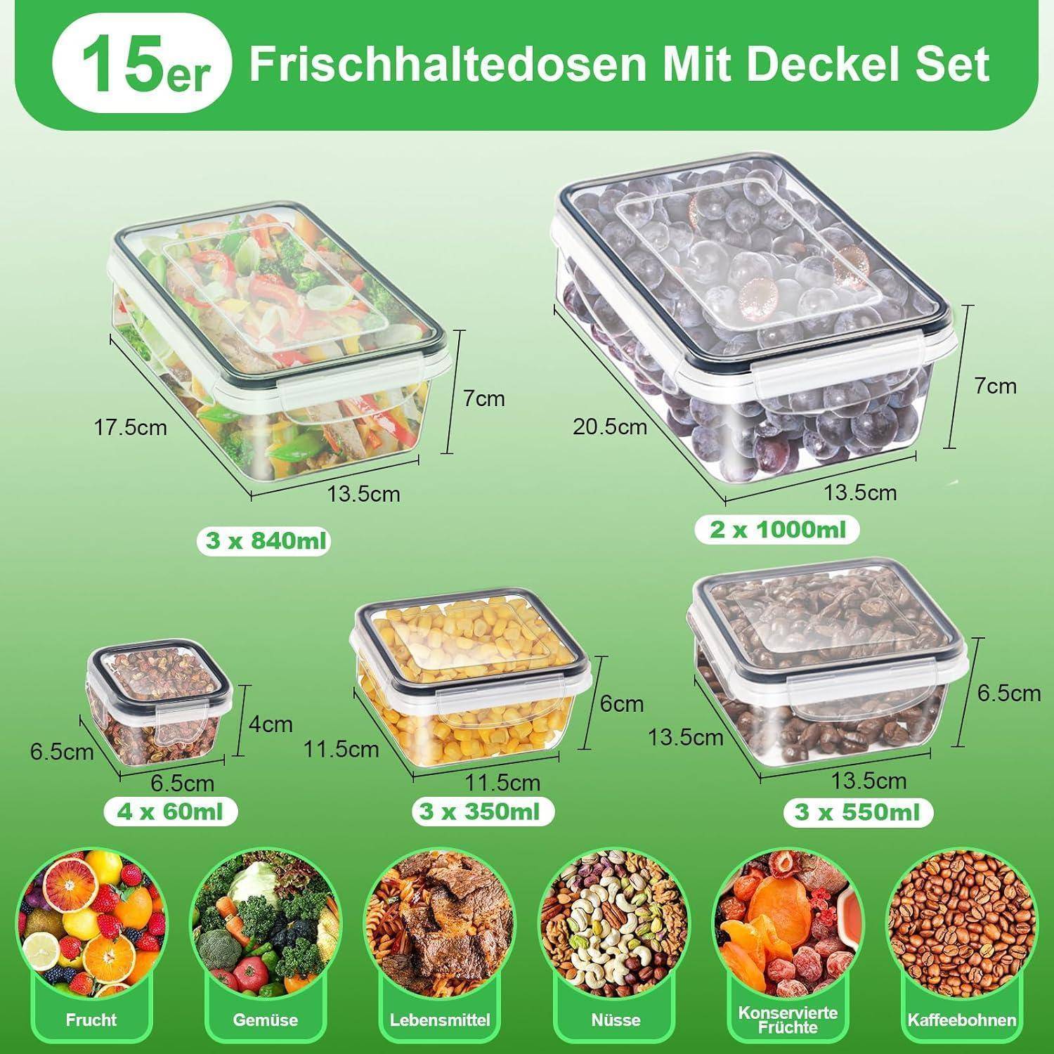 15-teiliges Lebensmittel-Aufbewahrungsset mit Deckel, mit verschiedenen Größen für unterschiedliche Lebensmittel: Obst, Gemüse, Nüsse, Konserven, Kaffeebohnen.