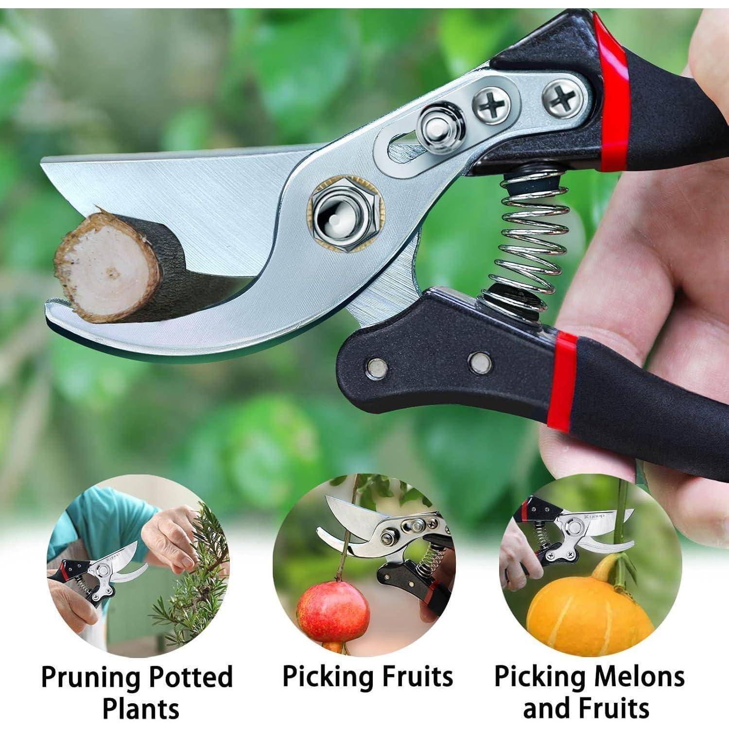 Eine Hand verwendet eine Gartenschere, um einen kleinen Ast zu schneiden. Darunter zeigen Bilder verschiedene Anwendungen: Beschneiden von Topfpflanzen, Obst pflücken sowie Melonen oder Gemüse ernten.