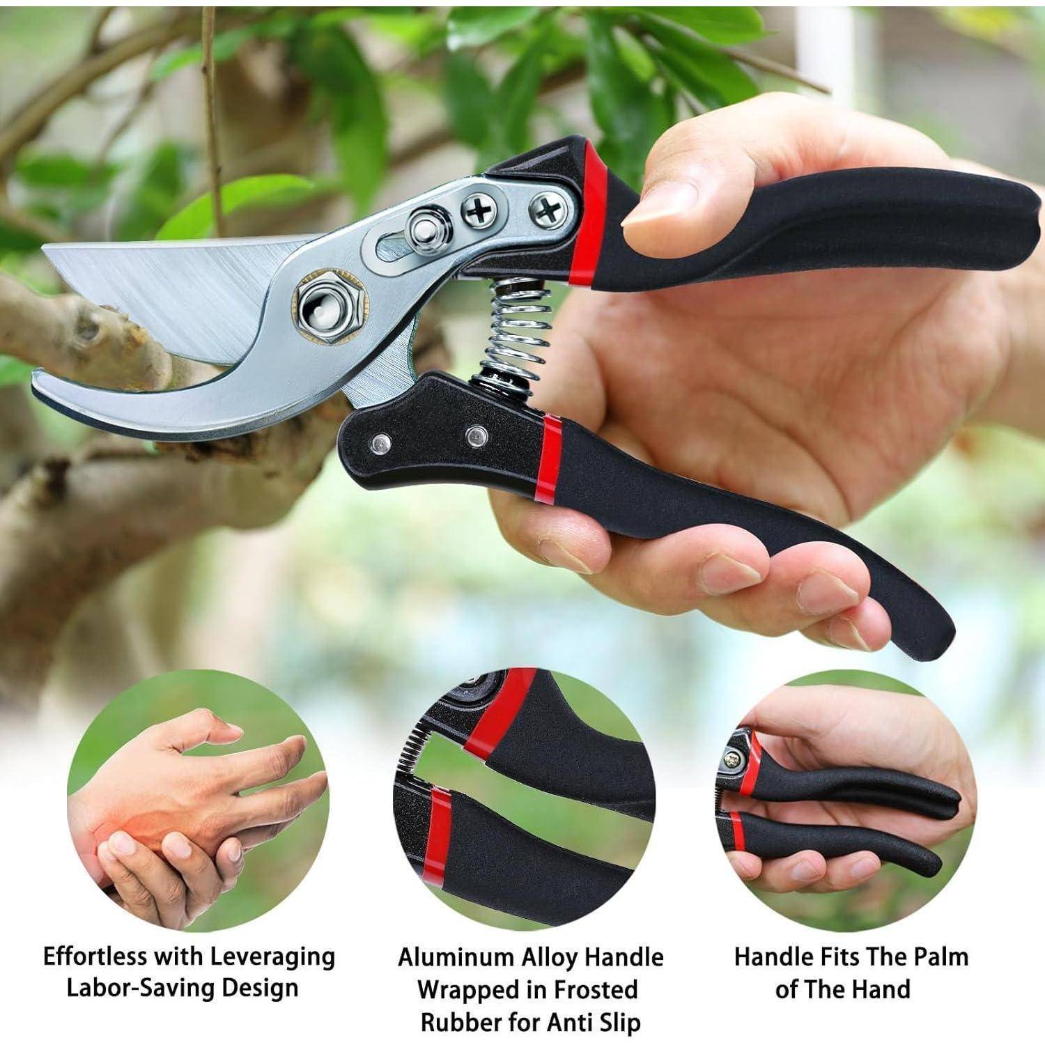 Hand, die eine Gartenschere hält und einen Ast durchtrennt. Text hebt Merkmale hervor: mühelos in der Gestaltung, rutschfester Griff und ergonomische Passform für die Hand.
