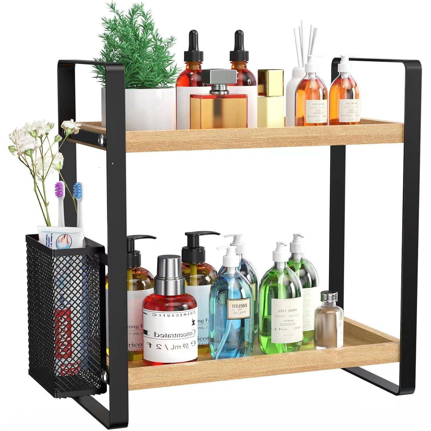 Holz Badezimmer Organizer mit Seitlichem Korb und Stabilem Metall