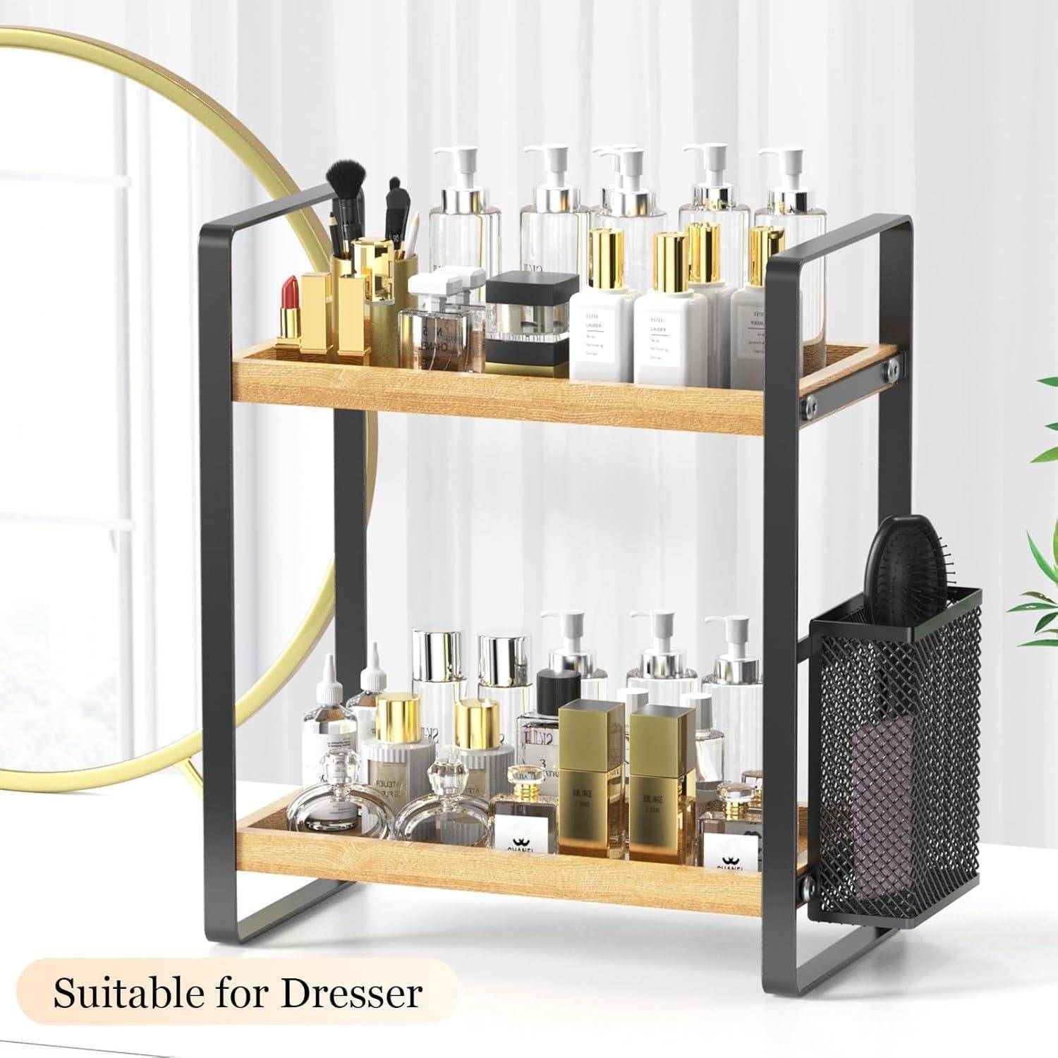 Holz Badezimmer Organizer mit Seitlichem Korb und Stabilem Metall
