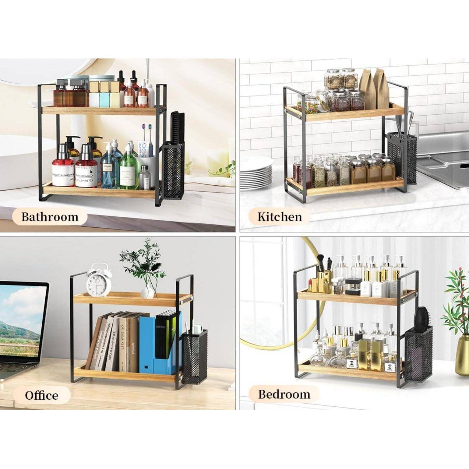 Holz Badezimmer Organizer mit Seitlichem Korb und Stabilem Metall