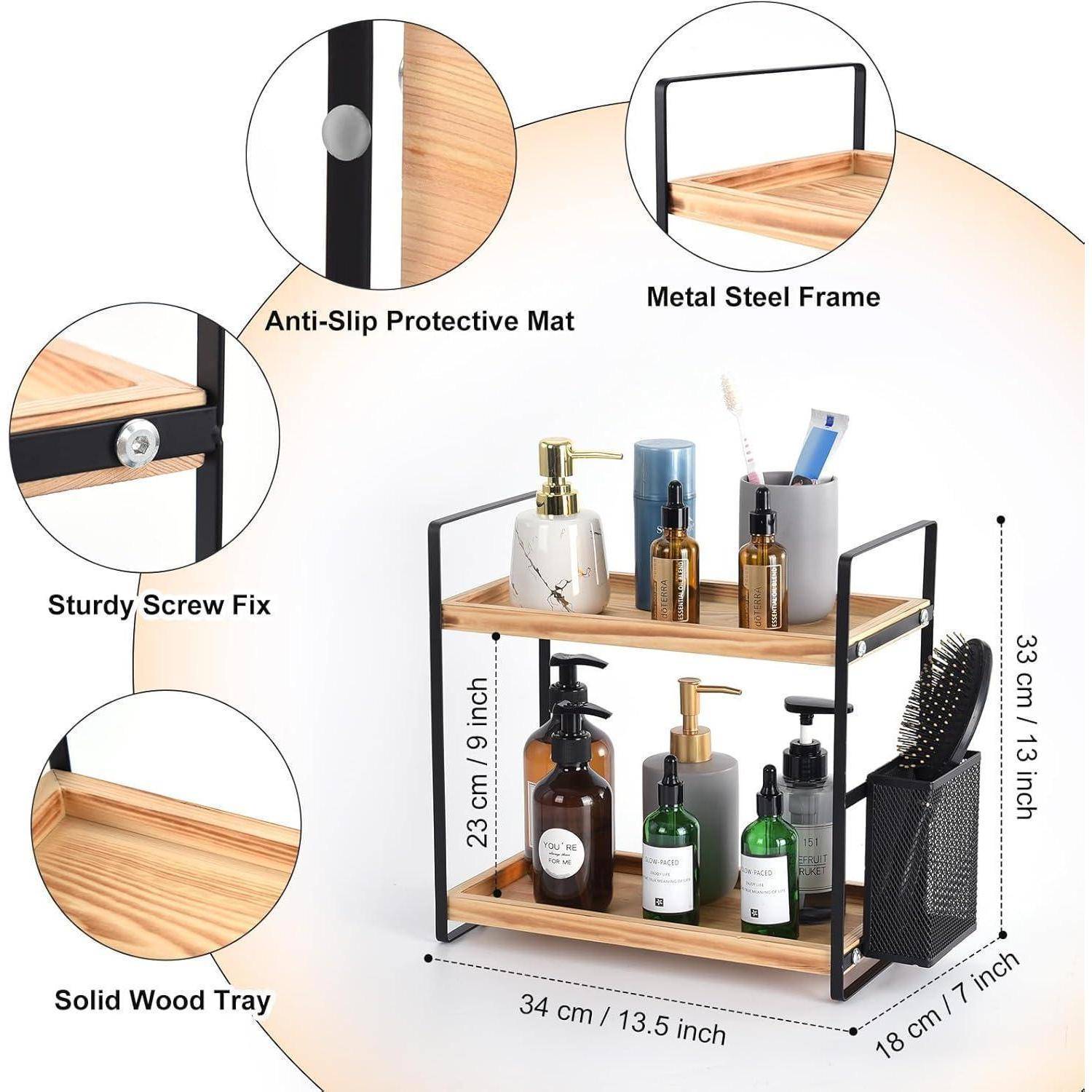 Holz Badezimmer Organizer mit Seitlichem Korb und Stabilem Metall