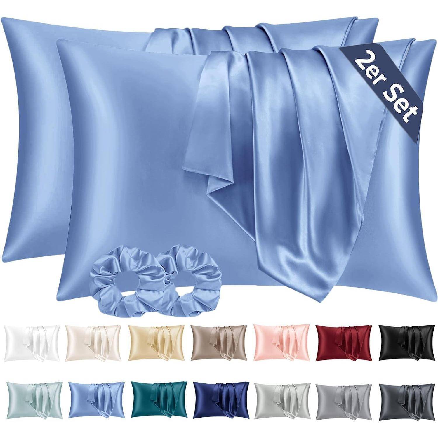 2er-Set Satin Kissenbezug 50x70 Blau Haargummis, Pflege für Haar und