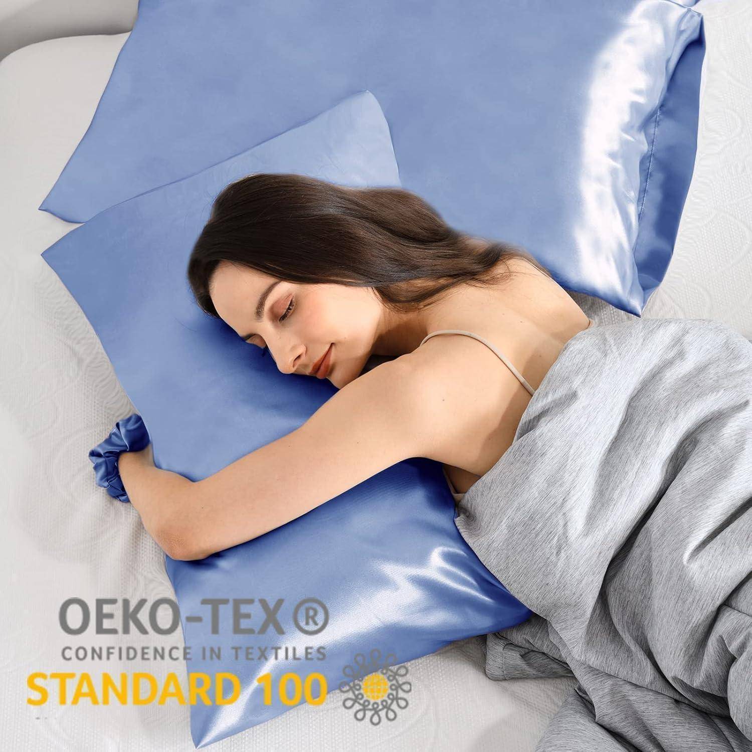 2er-Set Satin Kissenbezug 50x70 Blau Haargummis, Pflege für Haar und