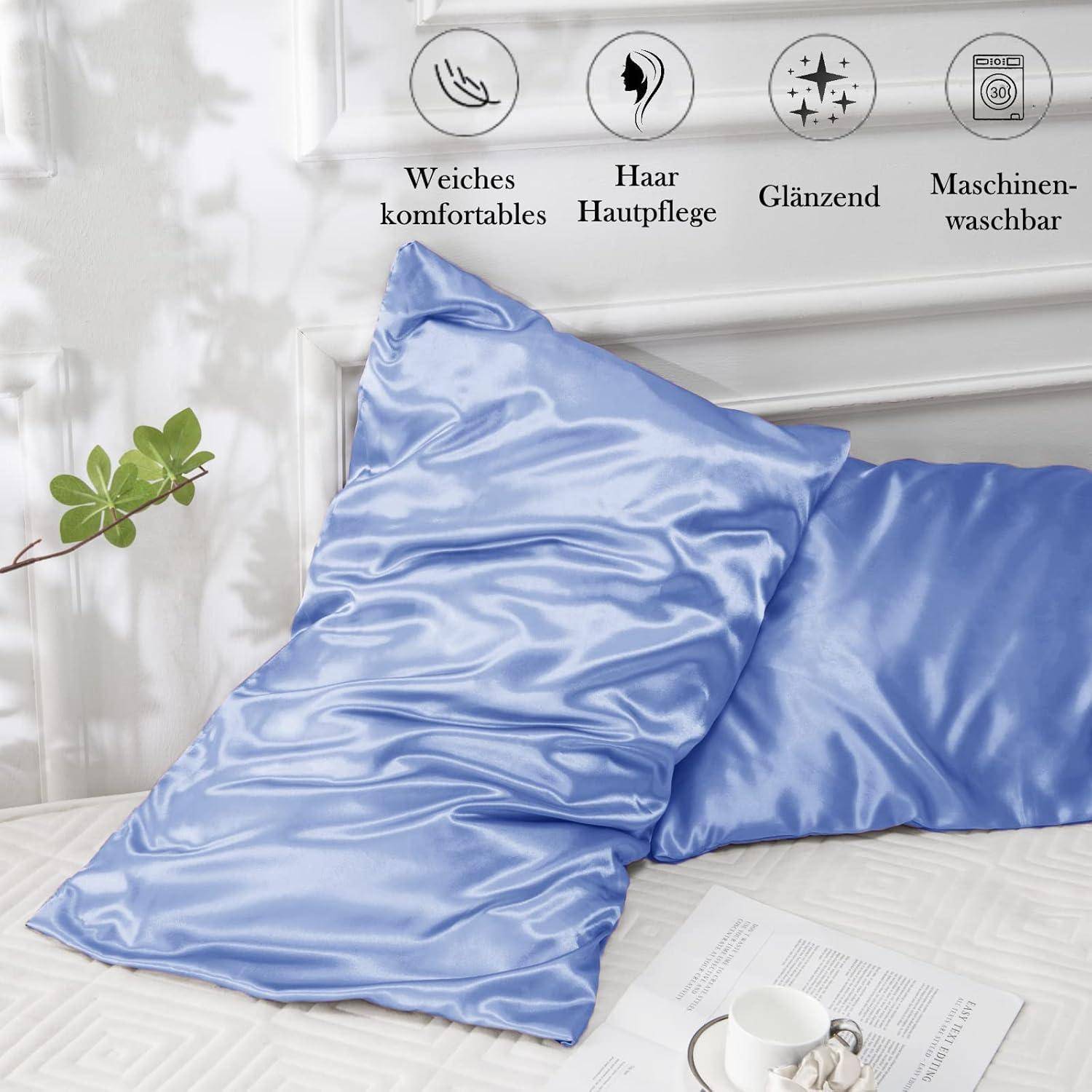 2er-Set Satin Kissenbezug 50x70 Blau Haargummis, Pflege für Haar und