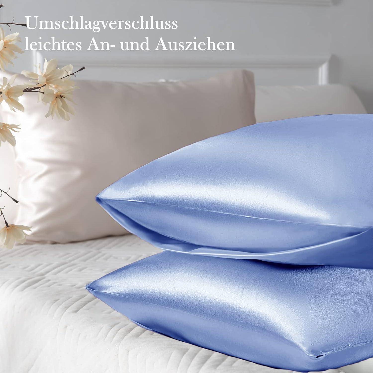 2er-Set Satin Kissenbezug 50x70 Blau Haargummis, Pflege für Haar und