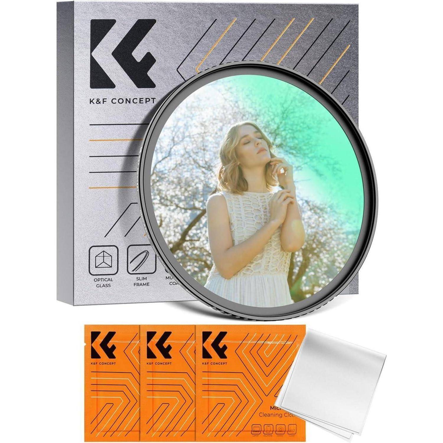 Ein runder Kameraobjektivfilter mit einem Porträt einer Frau in einem weißen Kleid ist auf der Verpackung abgebildet. Drei orangefarbene Filtertücher sind enthalten.
