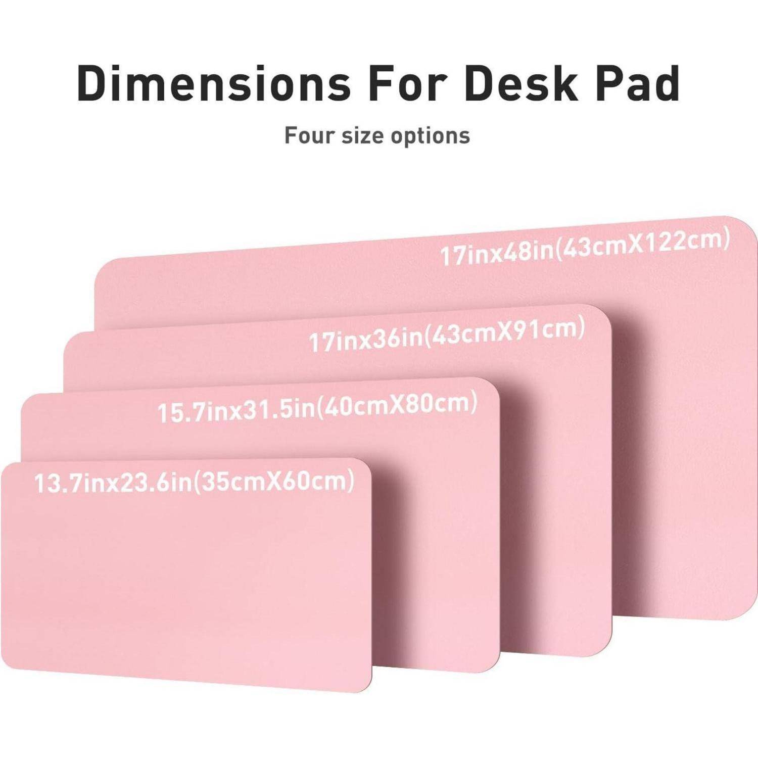 Abmessungen Für Schreibtischunterlage: Vier Größenoptionen in Pink dargestellt. Größen: 13,7inx23,6in, 15,7inx31,5in, 17inx36in, 17inx48in.