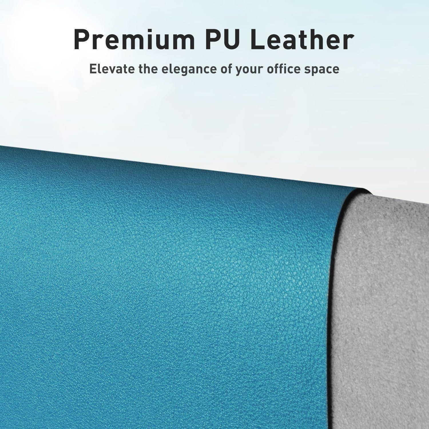 Eine Rolle blaues Premium-PU-Leder auf einer grauen Oberfläche, mit Text: „Premium-PU-Leder. Veredeln Sie den Eleganz Ihres Büroraums.