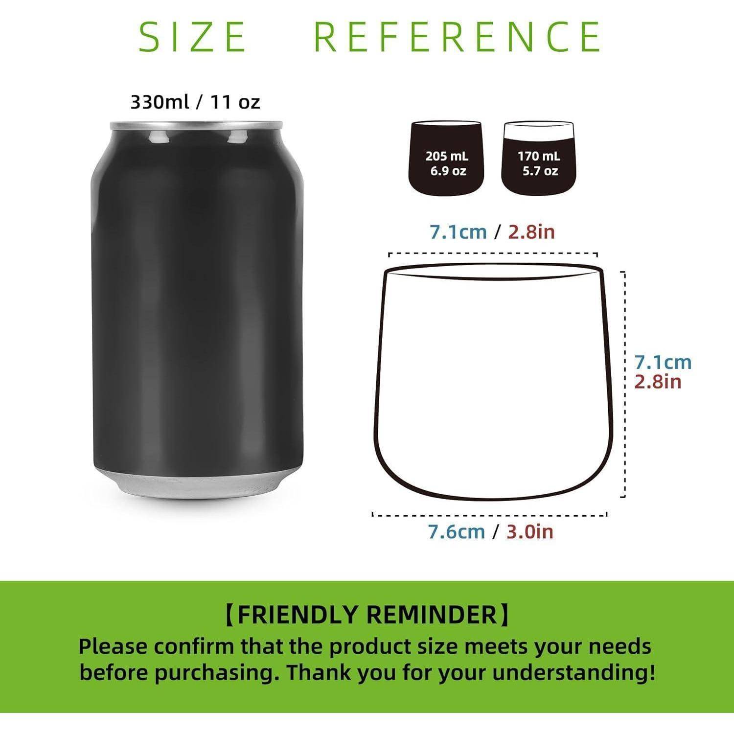 Größenvergleich' Diagramm, das eine 330ml Dose neben zwei Gläsern von 205ml und 170ml mit Maßangaben zeigt. 'Freundliche Erinnerung' rät, die Produktgröße zu überprüfen.
