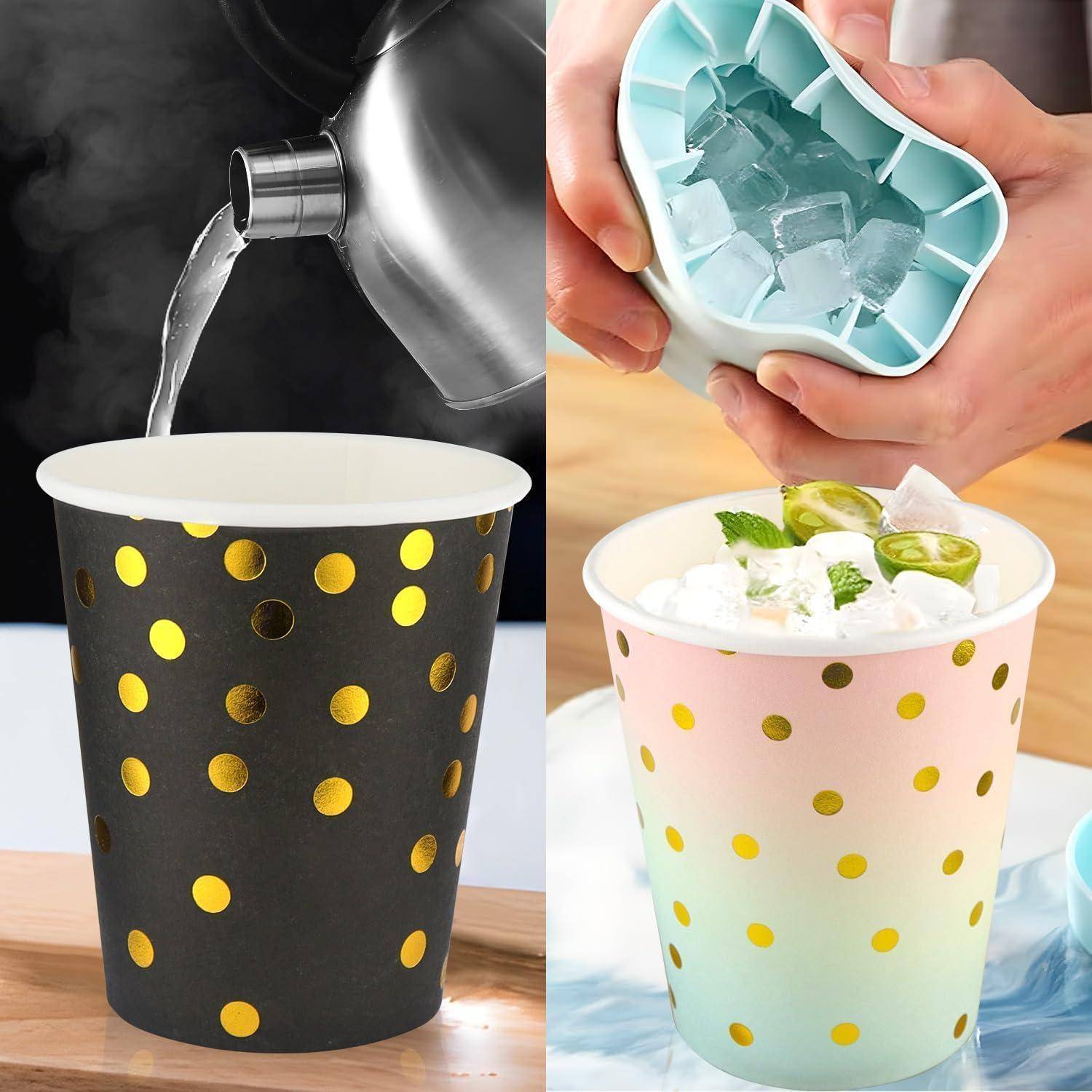 Zwei Bilder: Links wird heißes Wasser in eine schwarze Tasse mit goldenen Punkten gegossen. Rechts werden Eiswürfel zu einer pastellfarbenen Tasse, ebenfalls mit goldenen Punkten, hinzugefügt.
