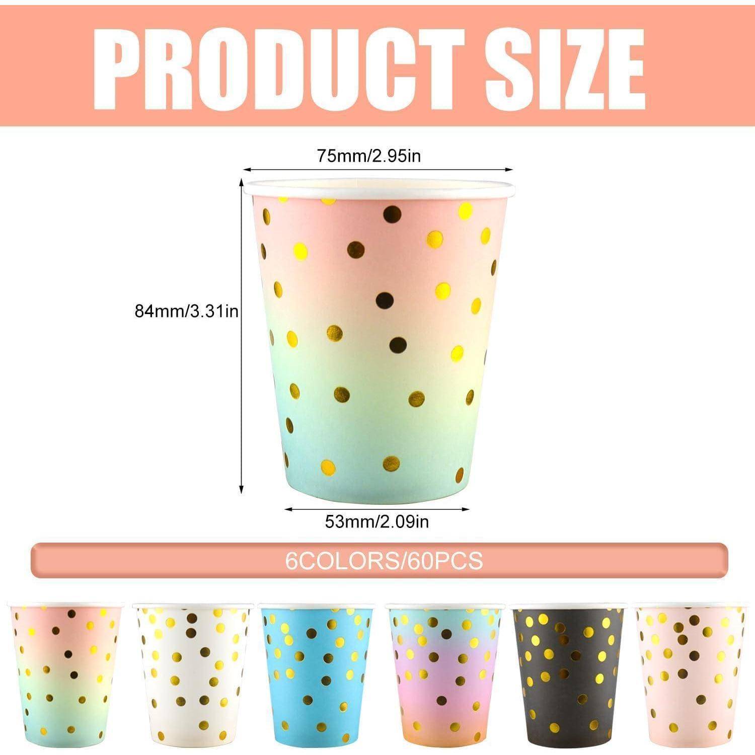 Das Bild 'Produktgröße' zeigt einen bunten Becher mit Abmessungen von 75 mm x 84 mm und goldenen Polkapunkten. Erhältlich in sechs Farben, Packung mit 60 Stück.