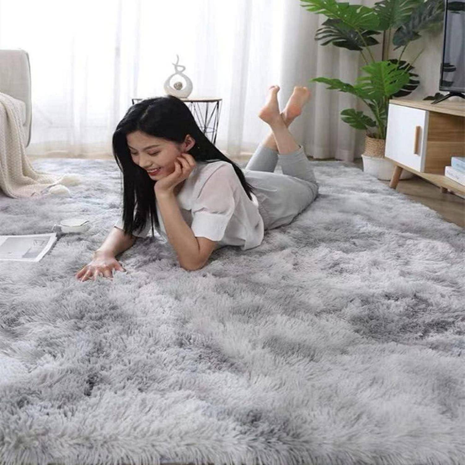 Hochflor Teppich 120x160 Grau Weiß Modern Flauschig Weich Groß für