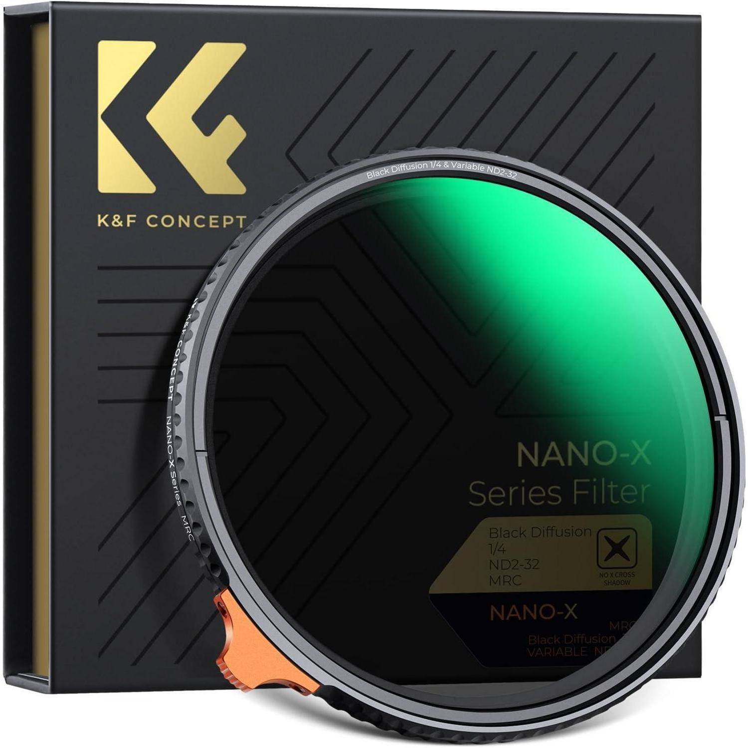 K&F Concept Nano-X-Serie-Filter in Verpackung, schwarzes und goldenes Design. Filter ist rund, variabler Neutraldichtetyp mit grünlicher Tönung.