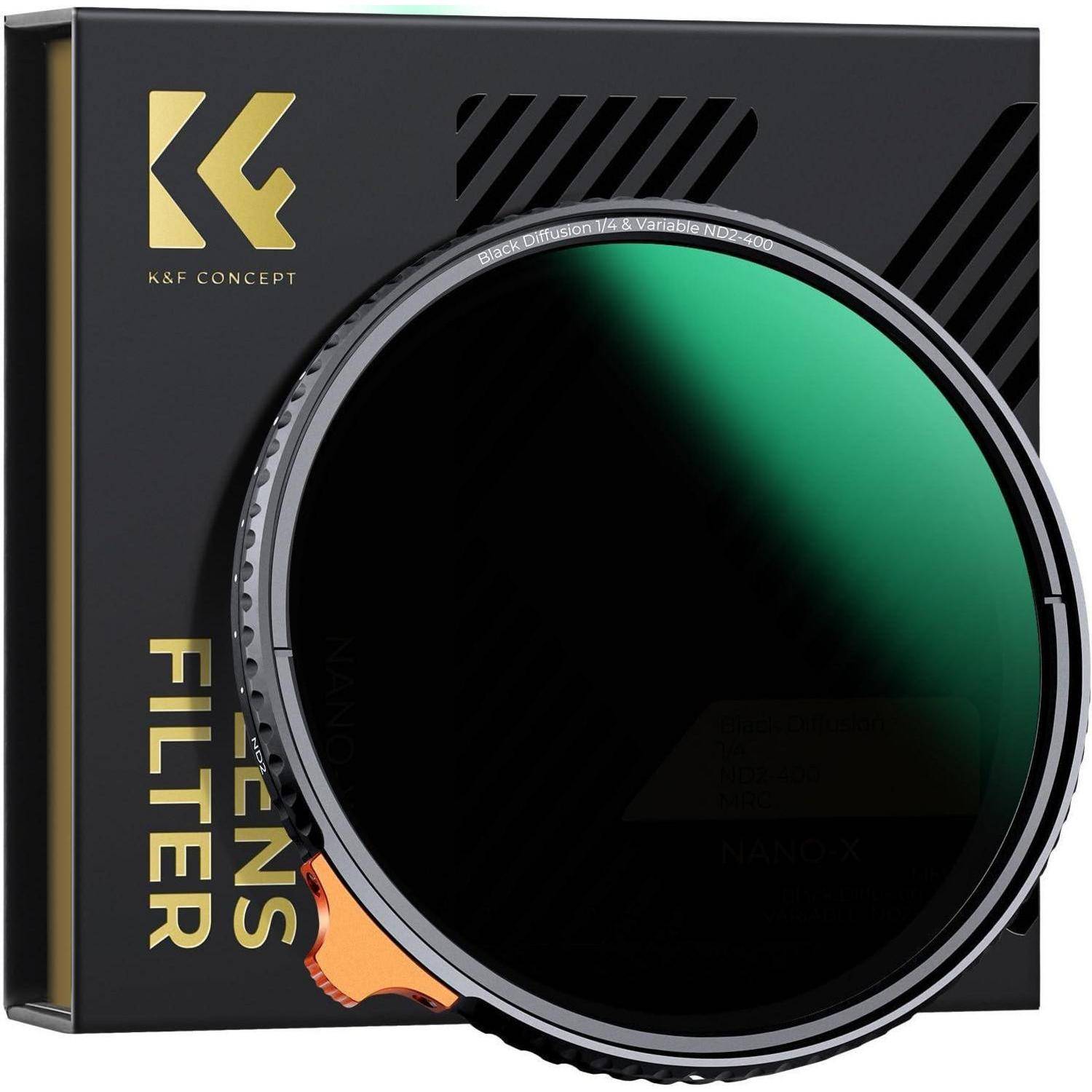 Ein schwarzer, kreisförmiger Kameraobjektivfilter mit einem orangefarbenen Knopf wird vor einer K&F Concept-Markenbox präsentiert.