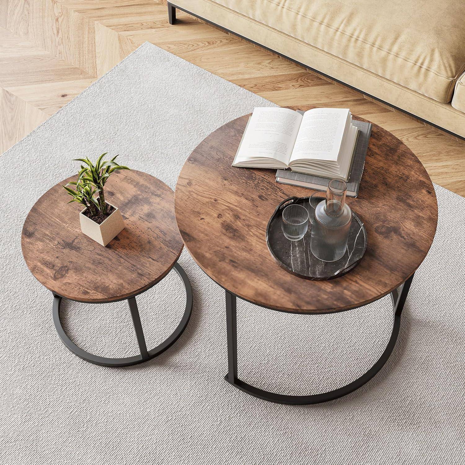 Couchtisch rund 2er Set Metallrahmen Holz schwarz stapelbar Braun