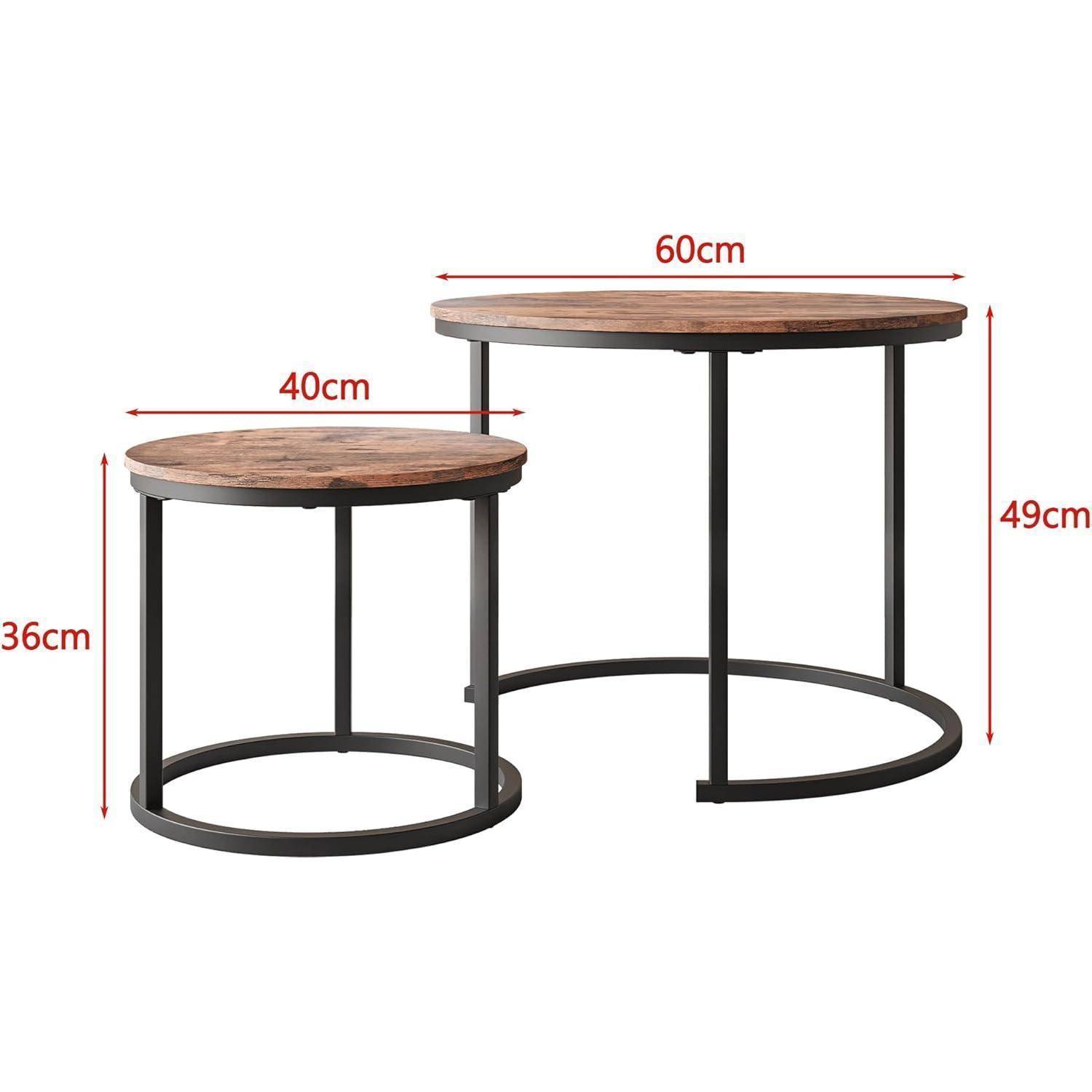 Couchtisch rund 2er Set Metallrahmen Holz schwarz stapelbar Braun