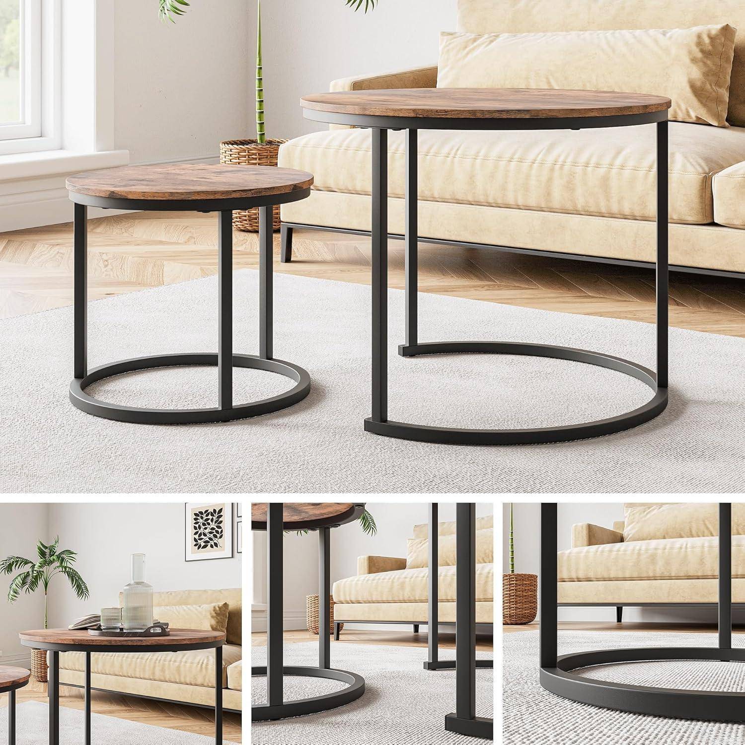 Couchtisch rund 2er Set Metallrahmen Holz schwarz stapelbar Braun