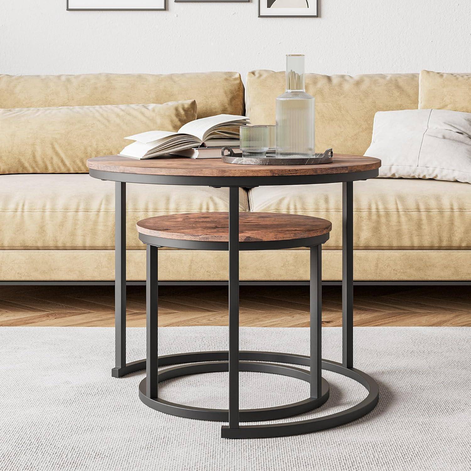 Couchtisch rund 2er Set Metallrahmen Holz schwarz stapelbar Braun