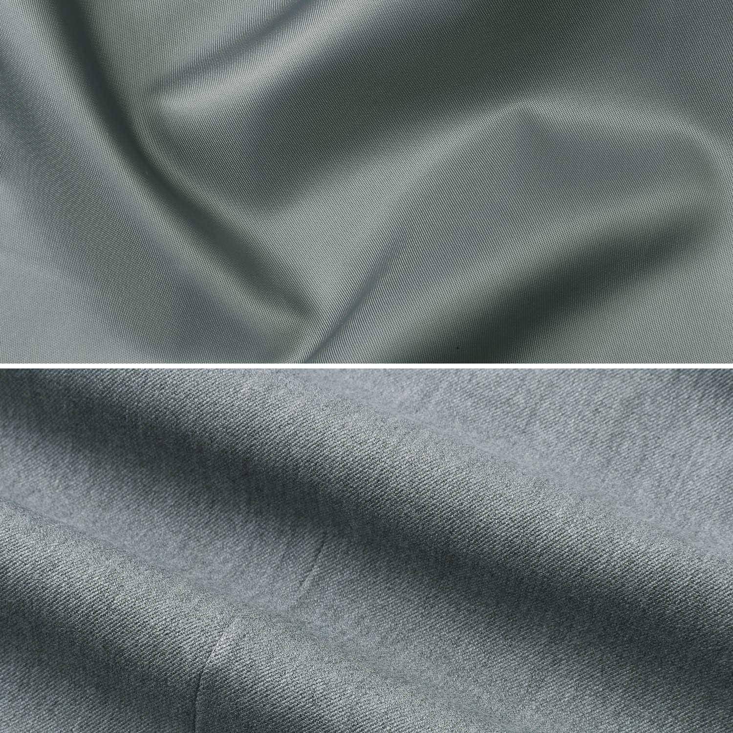 Zwei Nahaufnahmen von Stoff mit unterschiedlichen Texturen: Die obere zeigt glatte Falten in grauem Stoff; die untere präsentiert eine strukturierte graue Webart.