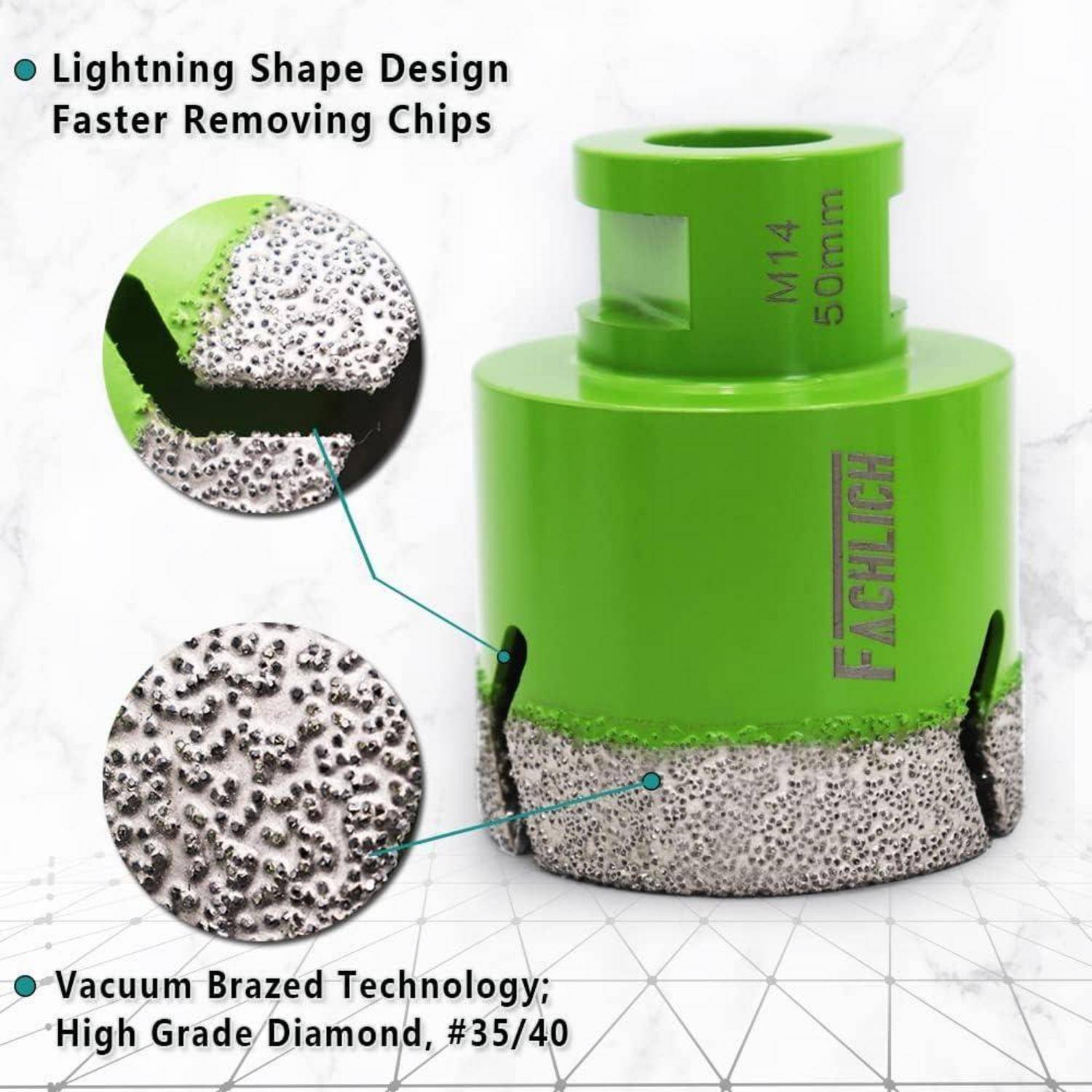 Grüner Diamantbohrer mit einem 'Blitzformdesign' für schnellere Spanabnahme. Ausgestattet mit hochwertigem Diamant, #35/40.