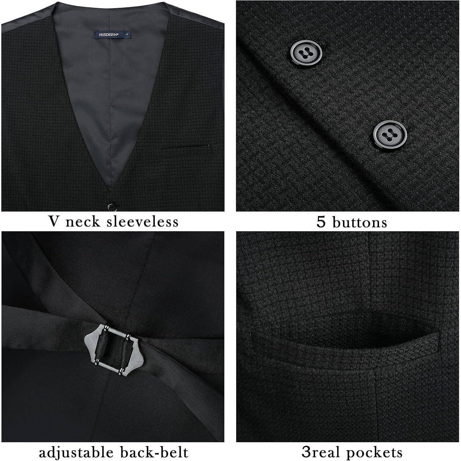 Collage eines schwarzen ärmellosen V-Ausschnitt-Westes mit fünf Knöpfen, einem verstellbaren Rückengürtel und drei funktionalen Taschen, die Details hervorheben.