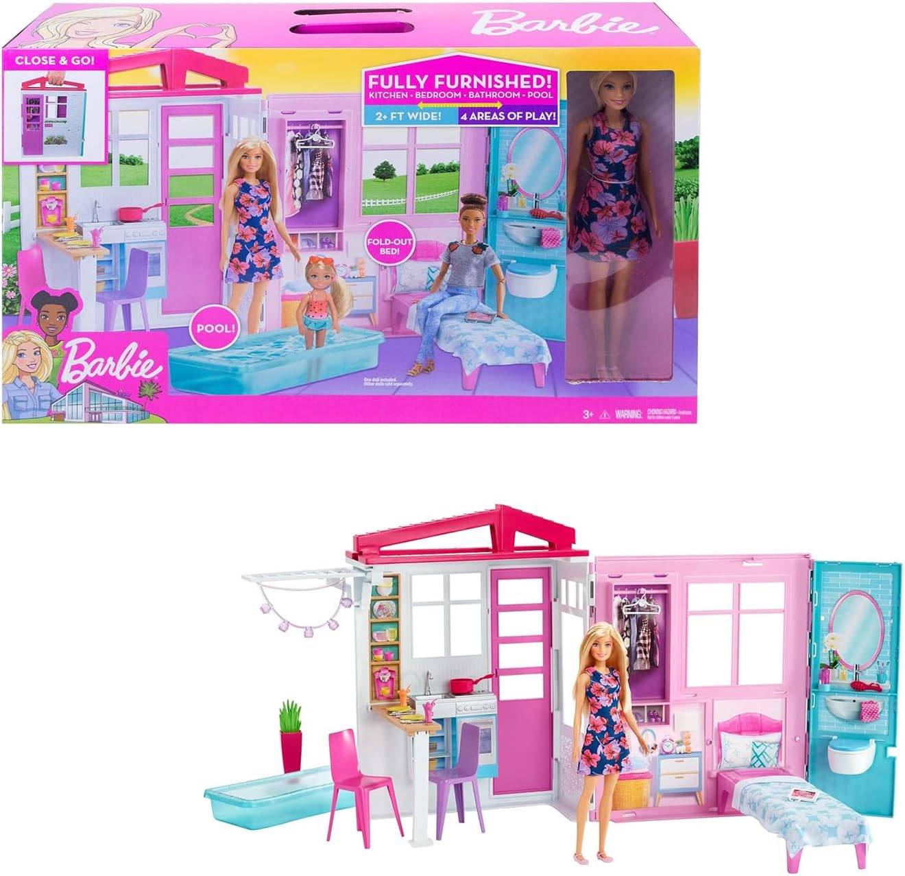 Barbie-Haus Küche Schlafzimmer Badezimmer Pool komplett m. Möbel Puppe 3+ GWY84