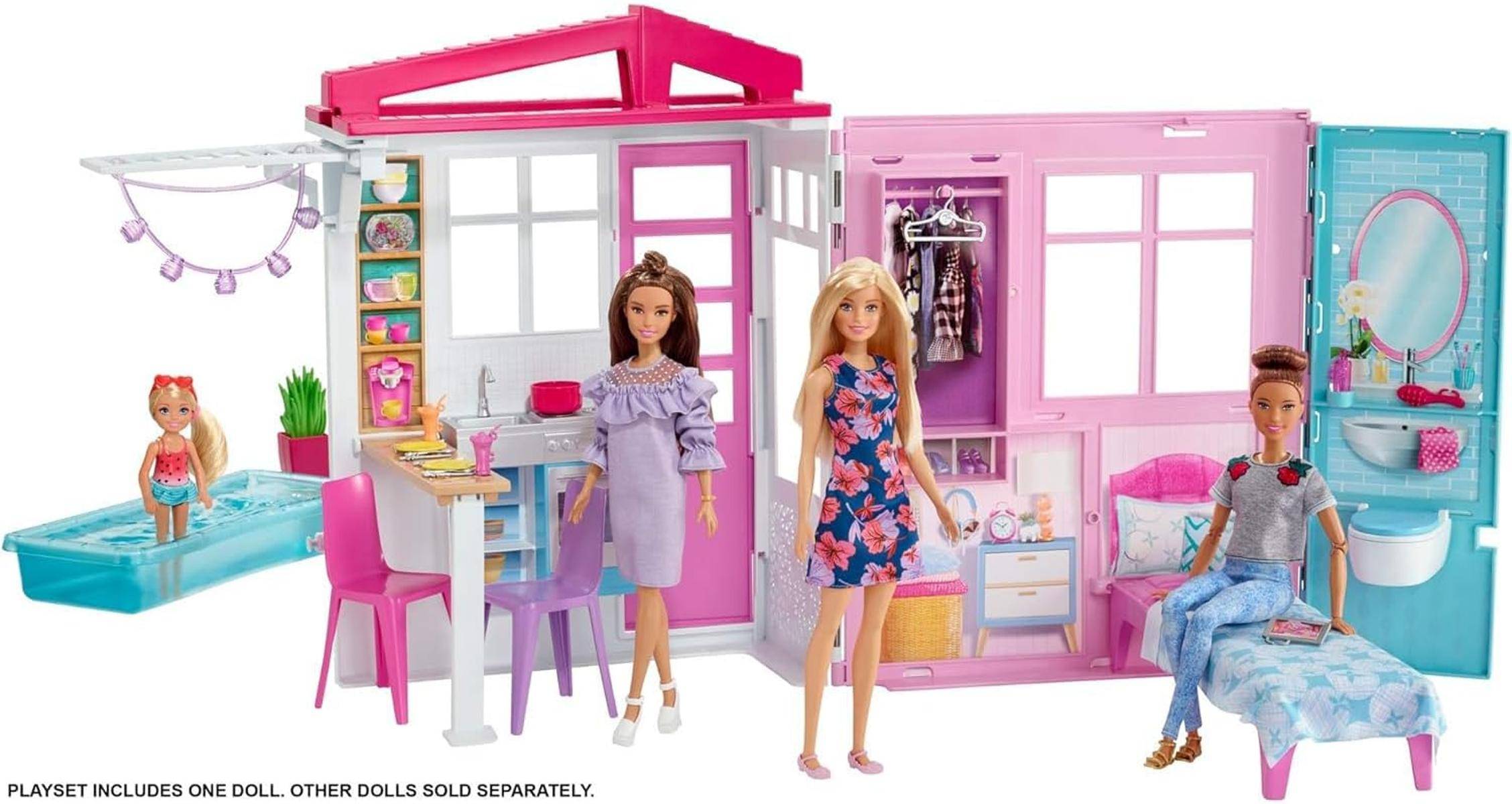 Barbie-Haus Küche Schlafzimmer Badezimmer Pool komplett m. Möbel Puppe 3+ GWY84