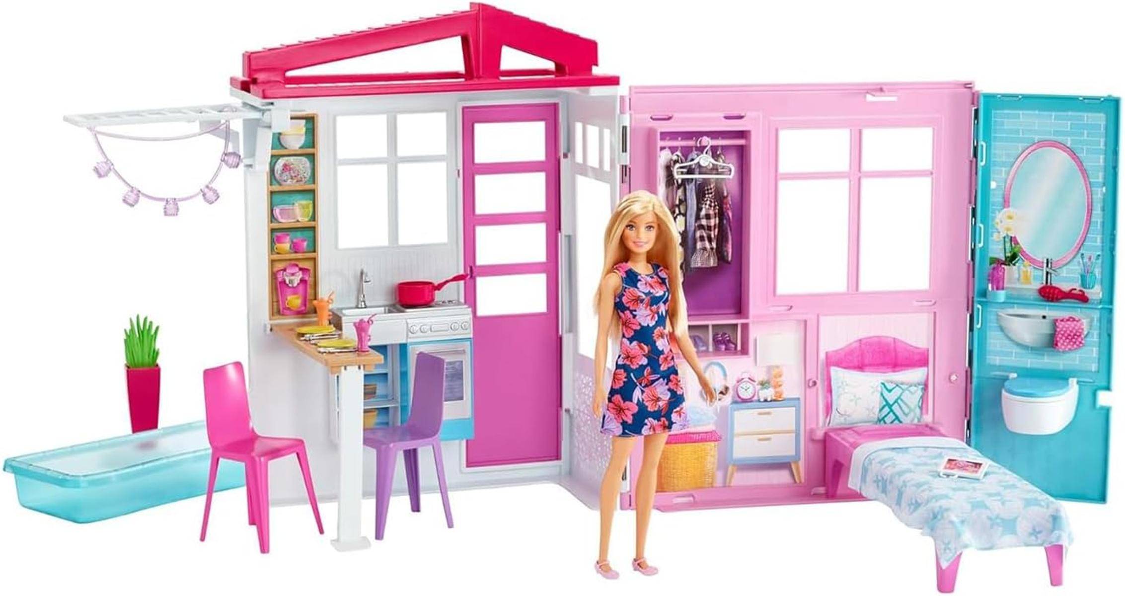 Barbie-Haus Küche Schlafzimmer Badezimmer Pool komplett m. Möbel Puppe 3+ GWY84