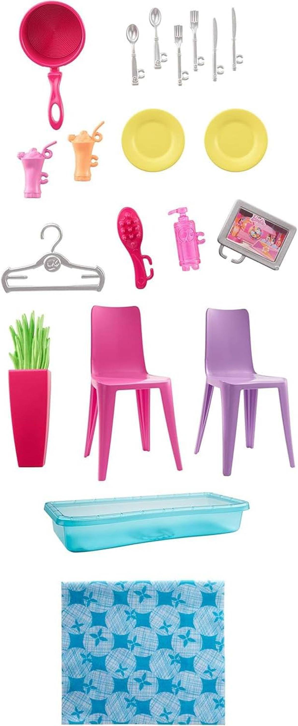 Barbie-Haus Küche Schlafzimmer Badezimmer Pool komplett m. Möbel Puppe 3+ GWY84