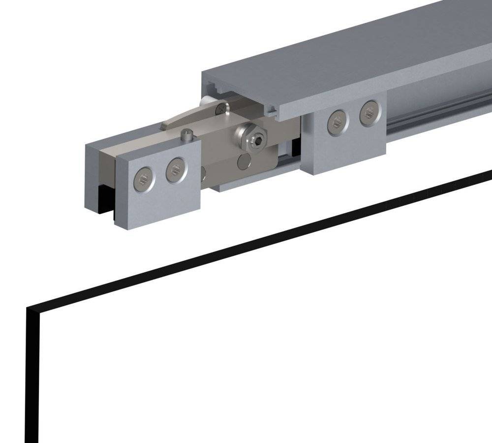Ein Metallschiebemechanismus mit Rollen, in einer Seitenansicht mit sichtbarer Schiene dargestellt, die sein industrielles Design und seine Funktionalität hervorhebt.