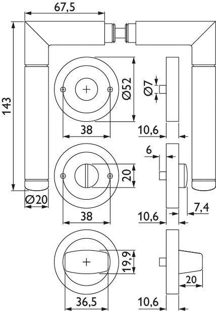 Technische Zeichnung eines Türklinkensets mit Abmessungen, zeigt Draufsicht und Seitenansicht; Messungen in Millimetern.