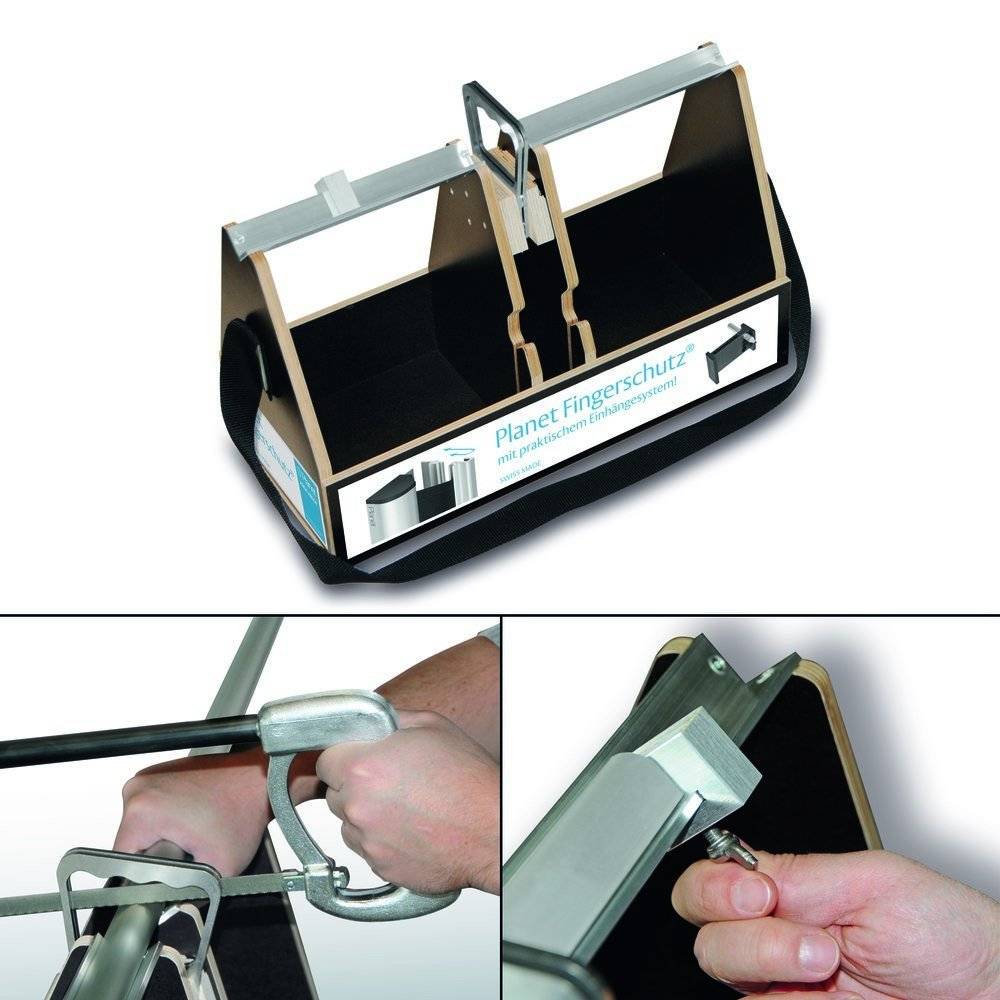 Das Bild zeigt ein Fingerabschirmgerät mit Montageanleitung. Die obere Hälfte zeigt das Gerät, während die untere Hälfte seine Installation zeigt.