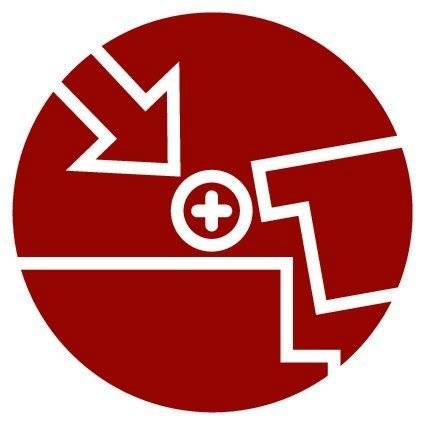 Ein roter Kreis enthält weiße geometrische Formen mit Pfeilen, die nach innen auf ein zentrales Pluszeichen zeigen und Fokus oder medizinische Hilfe suggerieren.