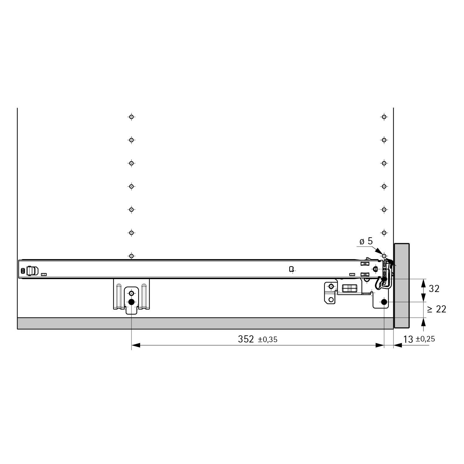Technisches Diagramm einer Schubladenschiene mit Abmessungen in Millimetern; zeigt die Länge als 352 mm, die Höhe als 32 mm und Installationsmessungen.