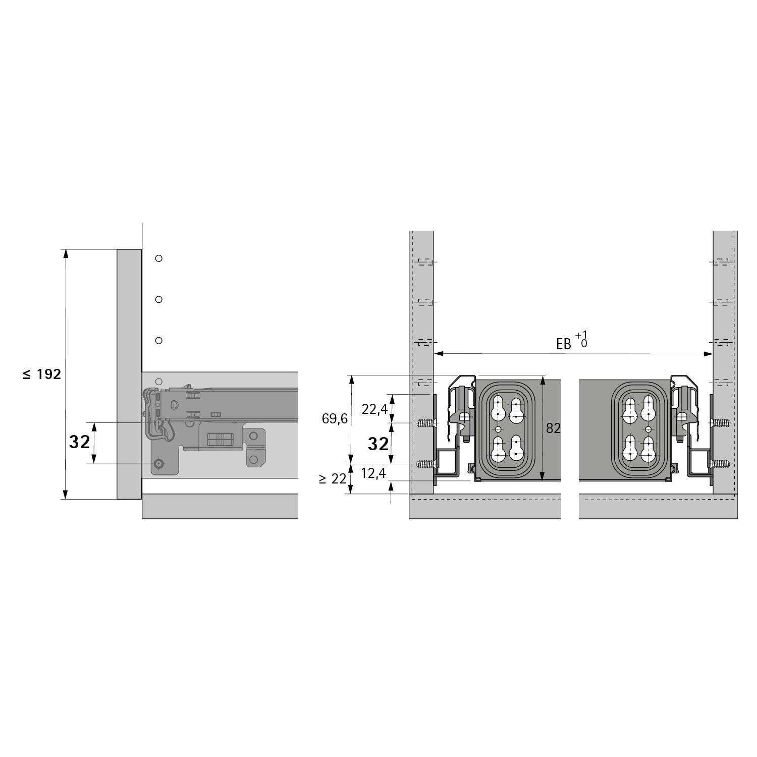 Technisches Schaltbild, das die Installationsmessungen für Steckdosen zeigt, einschließlich Breite, Höhe und Abstände zur Ausrichtung in Wandpaneelen.