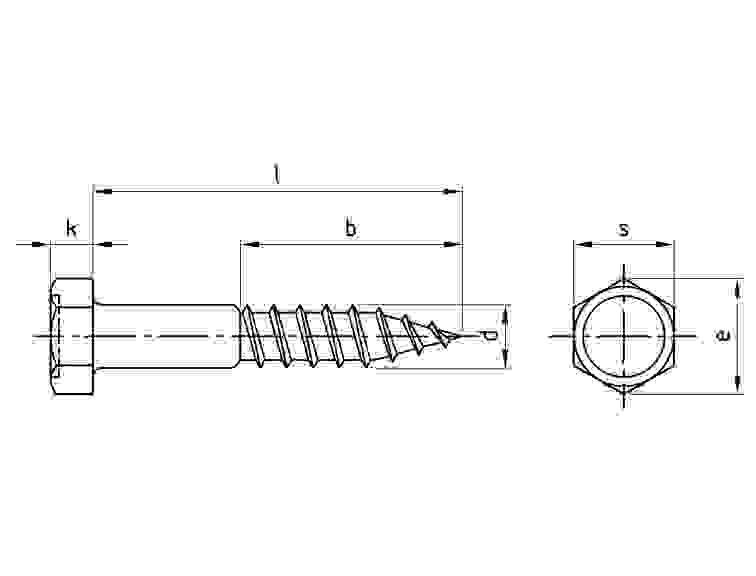 Diagramm einer Schraube mit gekennzeichneten Abmessungen: 'l', 'b', 's' und Durchmesser. Zeigt Vorder- und Seitenansicht mit Angaben von Messungen und Gewinde.