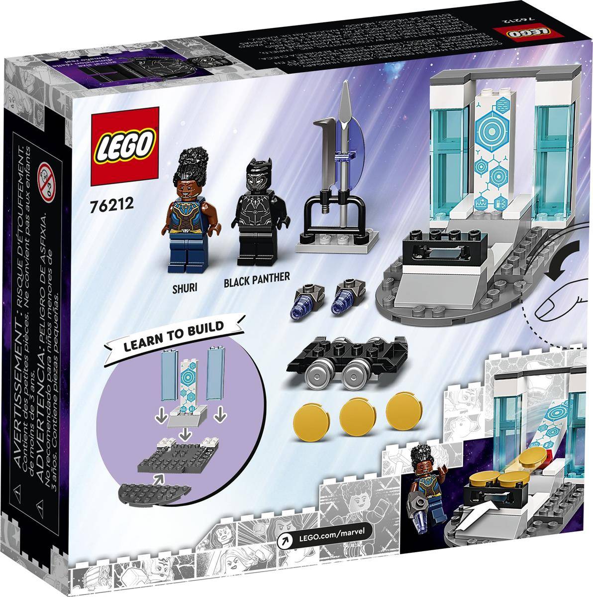 LEGO-Set 76212 mit Shuri- und Black Panther-Minifiguren, Bauteilen und Anleitungen zum Aufbau einer kleinen Wakanda-Thronszene.