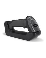 Schwarzer tragbarer Barcode-Scanner, der auf seiner Ladestation vor weißem Hintergrund ruht.