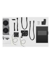 Computerhard­ware-Komponenten, die auf einer Oberfläche angeordnet sind, umfassen eine Grafikkarte, Kabel, Kühlventilatoren, Schrauben und ein schwarzes Gehäusepanel.