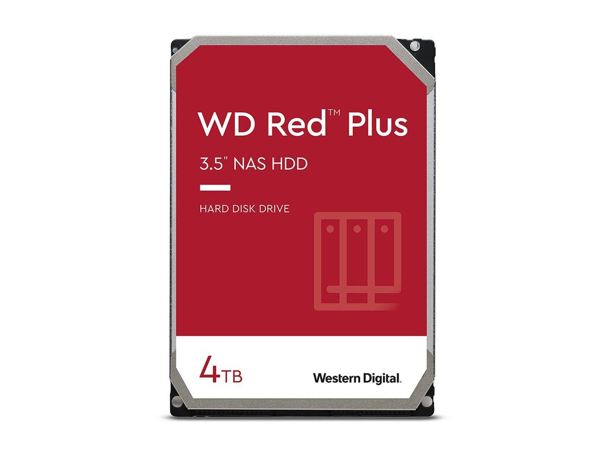 Western Digital WD Red Plus 4TB 3,5-Zoll-NAS-Festplatte auf einem rot-weißen Produktetikett.