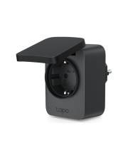 Schwarzer intelligenter Stecker mit offener Abdeckung, der die Steckdosenfläche zeigt. Der Stecker ist für den Innenbereich konzipiert und schlank für die Integration in Smart-Home-Systeme gestaltet.