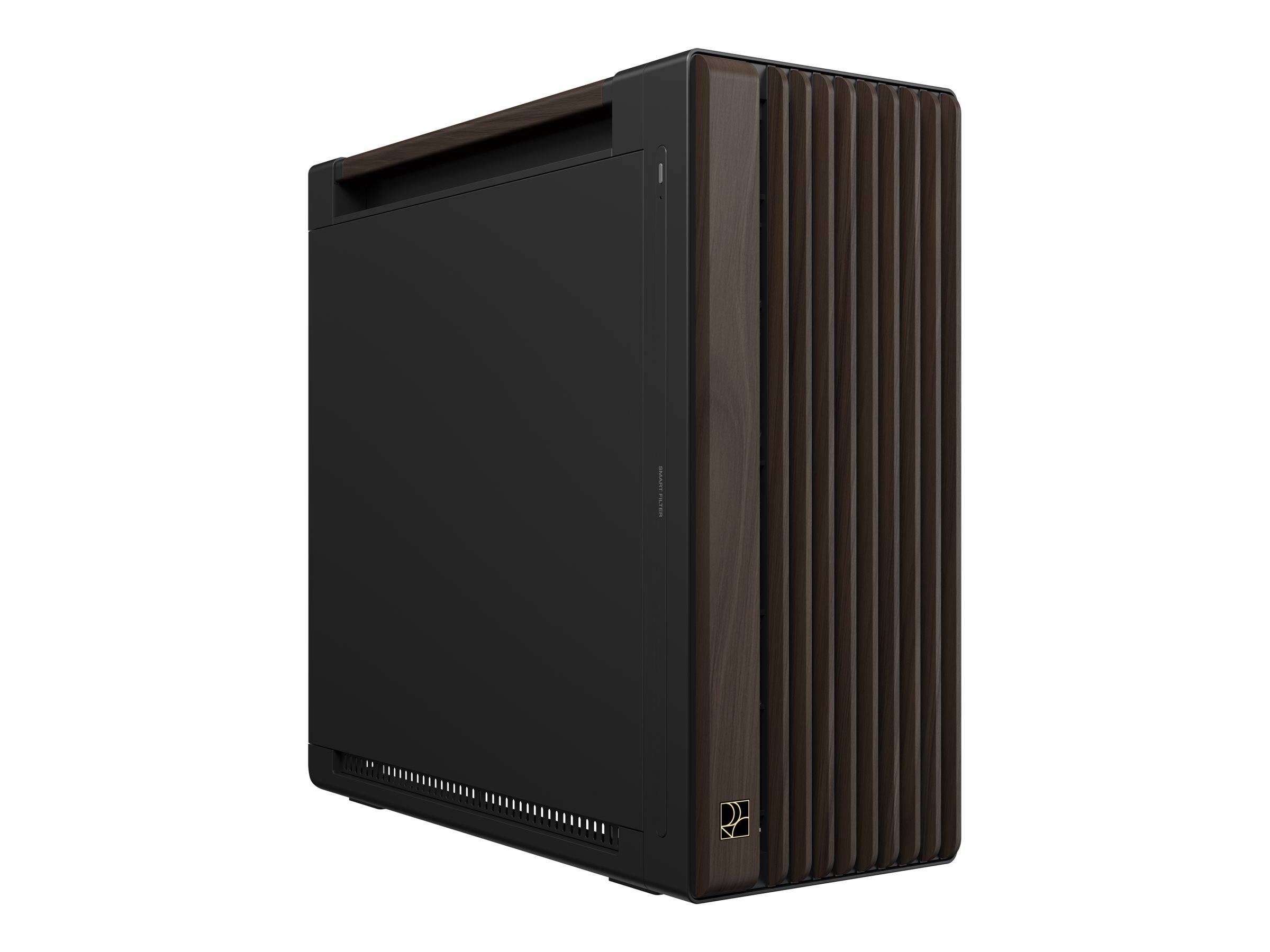 Schwarzer Desktop-Computer-Turm mit einem Frontpanel und braunem Akkordeon-Seitenpanel auf weißem Hintergrund.