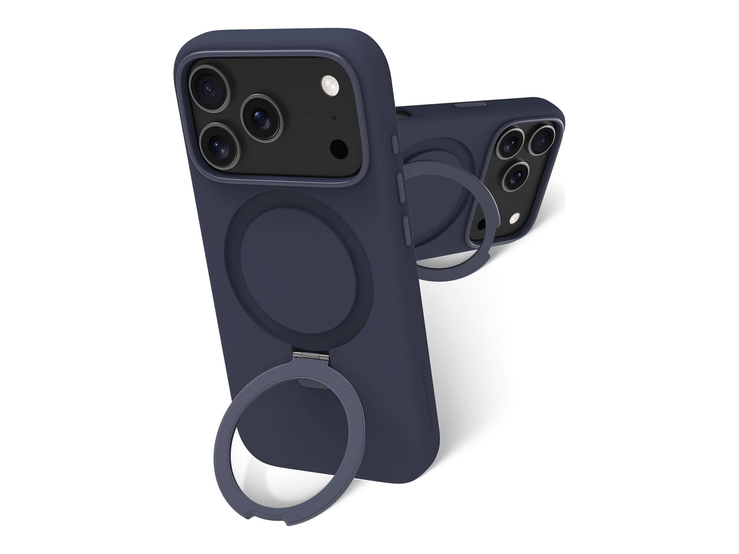 Zwei marineblaue Smartphone-Hüllen mit integrierten Ringständern, angewinkelt Rücken an Rücken auf weißem Hintergrund gezeigt.