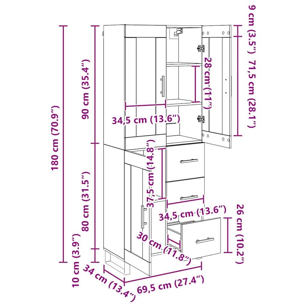 Hoher Schrank mit beschrifteten Abmessungen: Gesamthöhe 180 cm, Tiefe 34 cm, verschiedene Fachgrößen, mehrere Türen und Schubladen dargestellt.