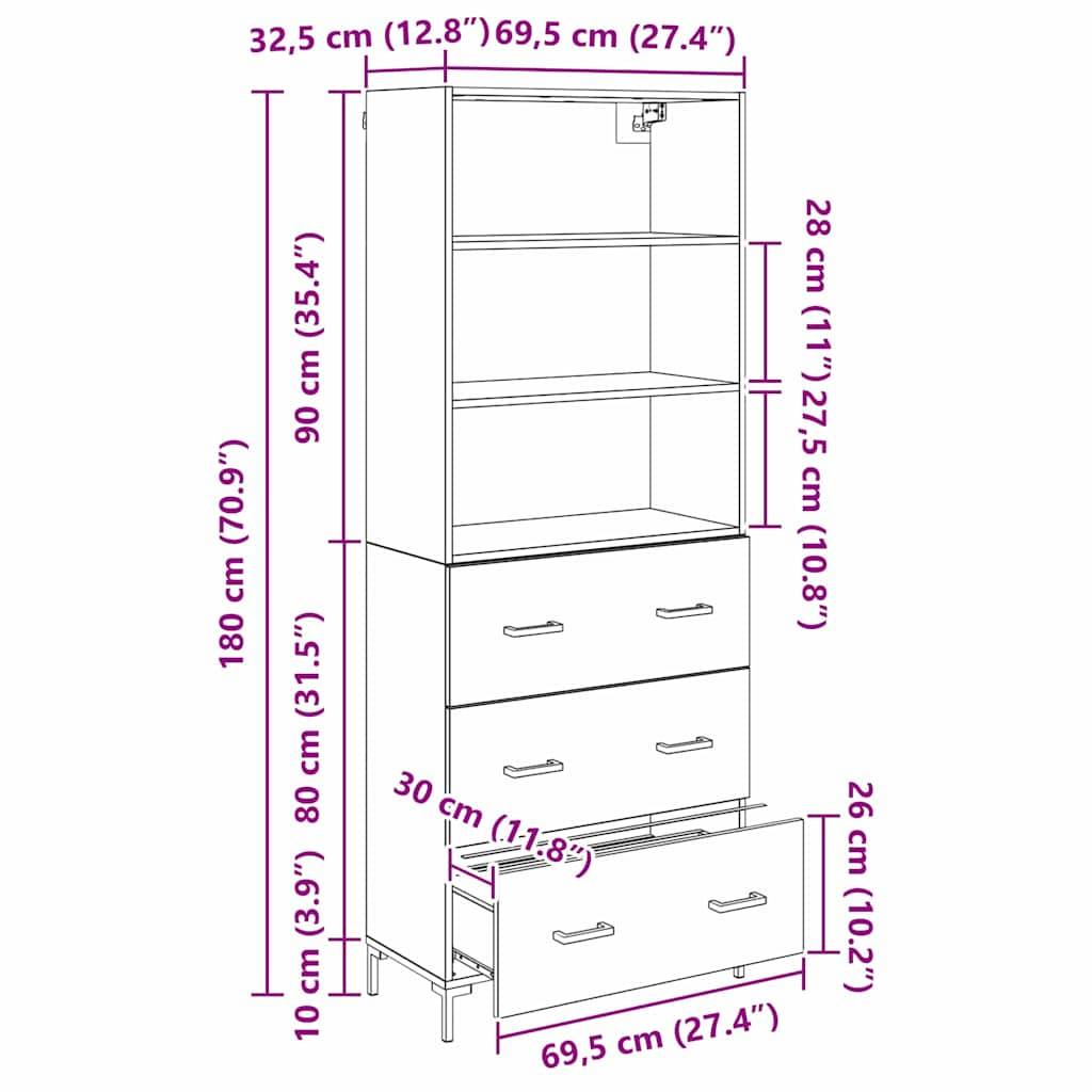 Schrank-Diagramm mit Abmessungen: 180 cm Höhe, 32,5 cm Breite, 69,5 cm Tiefe. Zeigt Regale und Schubladen mit Höhenmessungen.